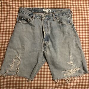 Re/Done Light Blue Distressed Levi Mid-Thigh Jean Shorts